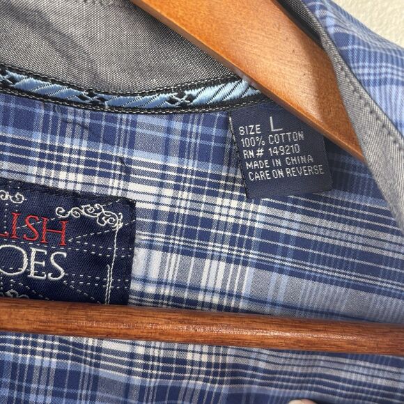 English Hero Mens Large Short Eminence Blue Button Up Geometric Cuff Pocket Rock - Picture 7 of 10